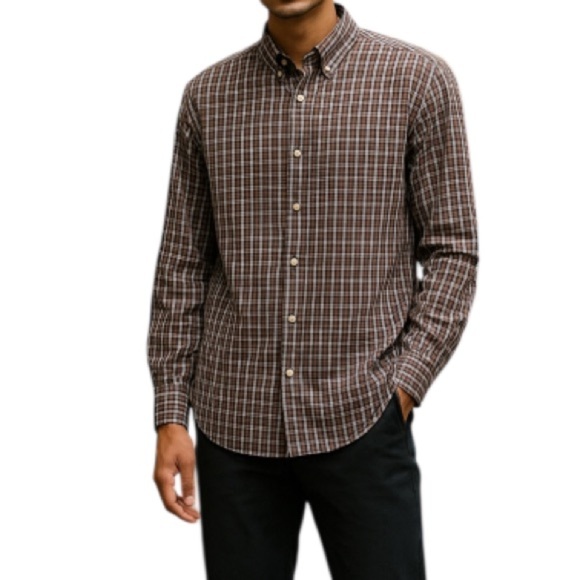 Eddie Bauer Mens Wrinkle Free Relaxed Fit Button Down Shirt Burgundy Plaid LTall - Picture 1 of 13